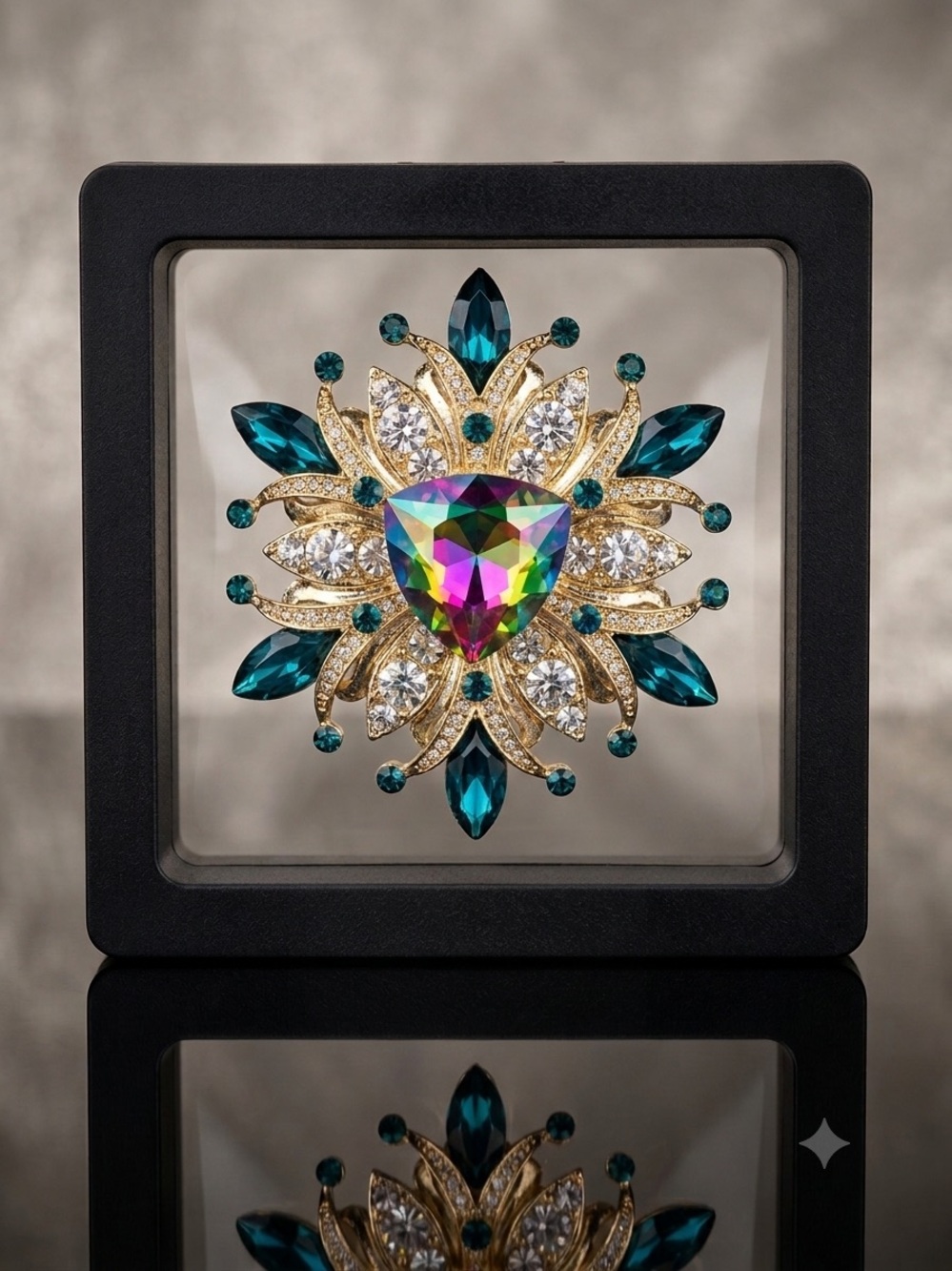 Multicolor Crystal Starburst Brooch with Teal Accents